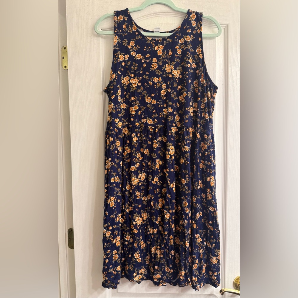 Old Navy Blue Floral Sleeveless Jersey Knit Seamed Waist Swing Dress - size XL